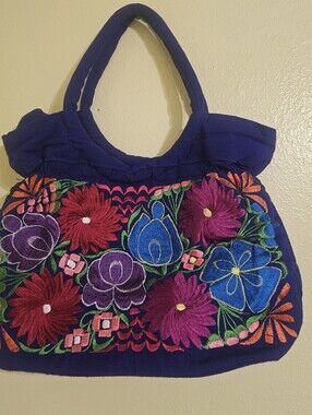 Handcrafted Navy Floral Embroidered Tote Bag